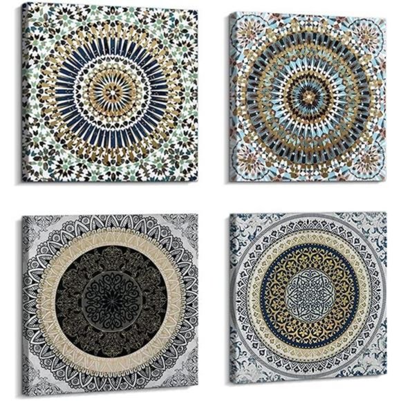 Boho Canvas Wall Art 4 Panel Mandala Canvas Print Artwork(12